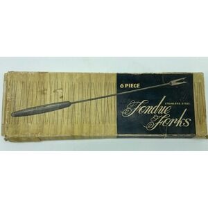 Vintage MCM STAINLESS STEEL Set of 6 FONDUE FORKS‎ w/Wooden Handles Original Box